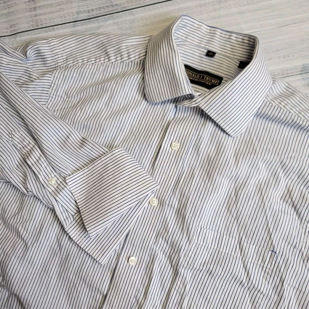 Donald Trump Mens Dress Shirt Signature Collection White Blue Pinstripe 16 34/35